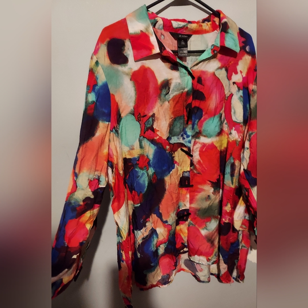Ali Miles Tunic Top Size 2X Multicolor Abstract Artsy Button Up Blouse Lagenlook